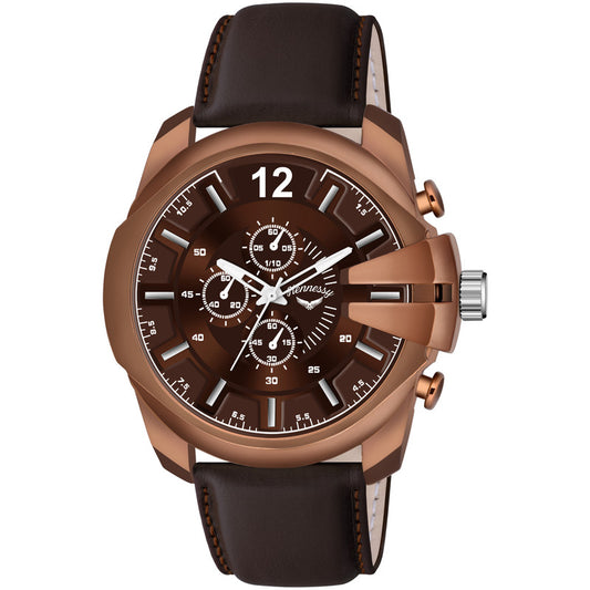 Hazel Touch Brown Leather Strap Analog Watch For Men-Hennessy Quartz