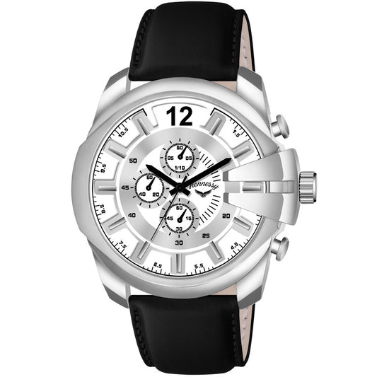 Astral Silver Black Leather Analog Watch For Men